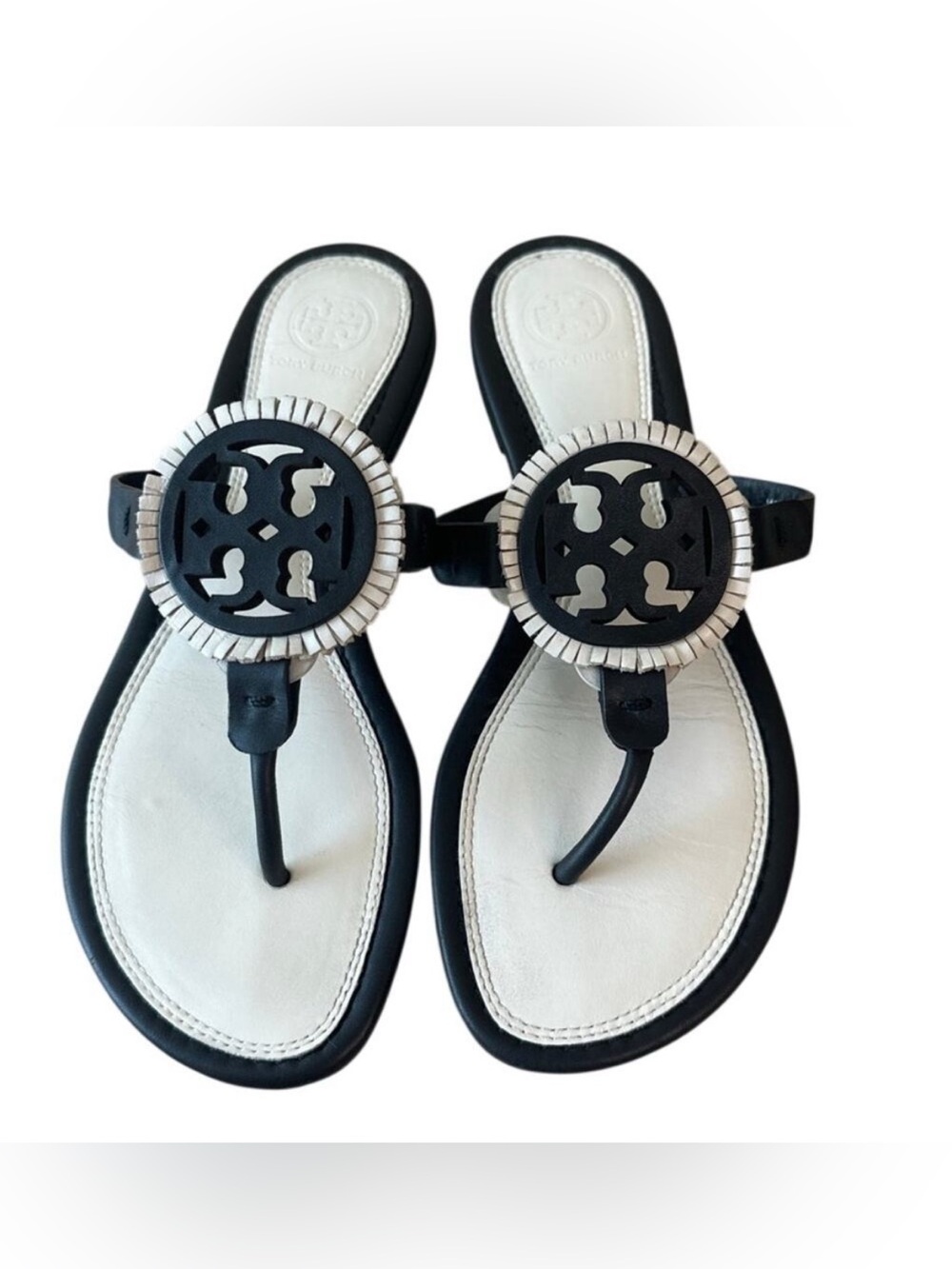 Tory Burch Miller Fringe Sandals Black Bleach 7.5